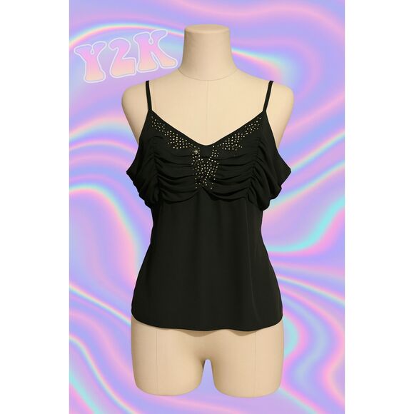 Unique Spectrum Vintage Top 90s Y2K Black Rhinestone Spaghetti Strap Sheer - Picture 1 of 5